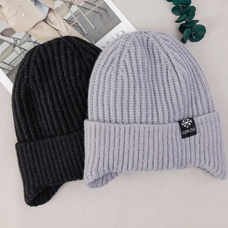 Outdoor Men Winter Knitted Hat Plush Warmth Peaked Cap Earmuff Casual Fashion Faux Fur Lined Hooded Hats Cycling Ear Protection