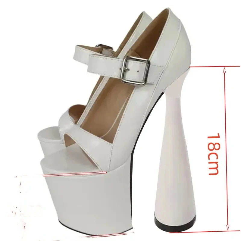 SHOFOO Fashionable women's high heels. Peep toe pumps. About 18 cm heel height. Round heel. White leather single shoes. 34-46