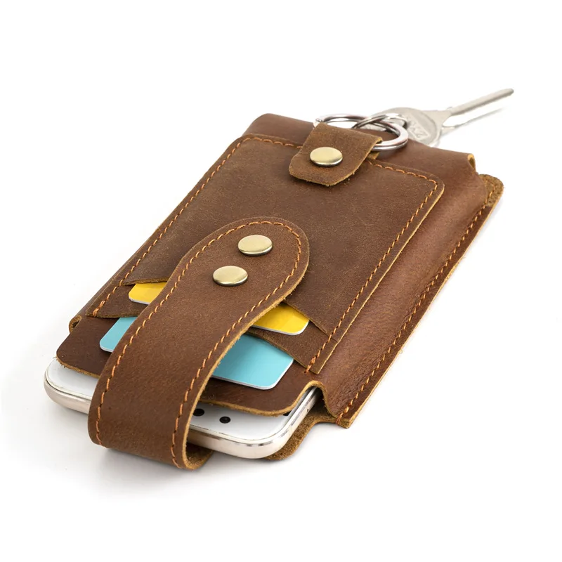 Genuine Leather Men Mobile Phone Holster Vintage Vertical Cell Phone Bag with Card Holder Keychain Hook Man Waist Belt Bag