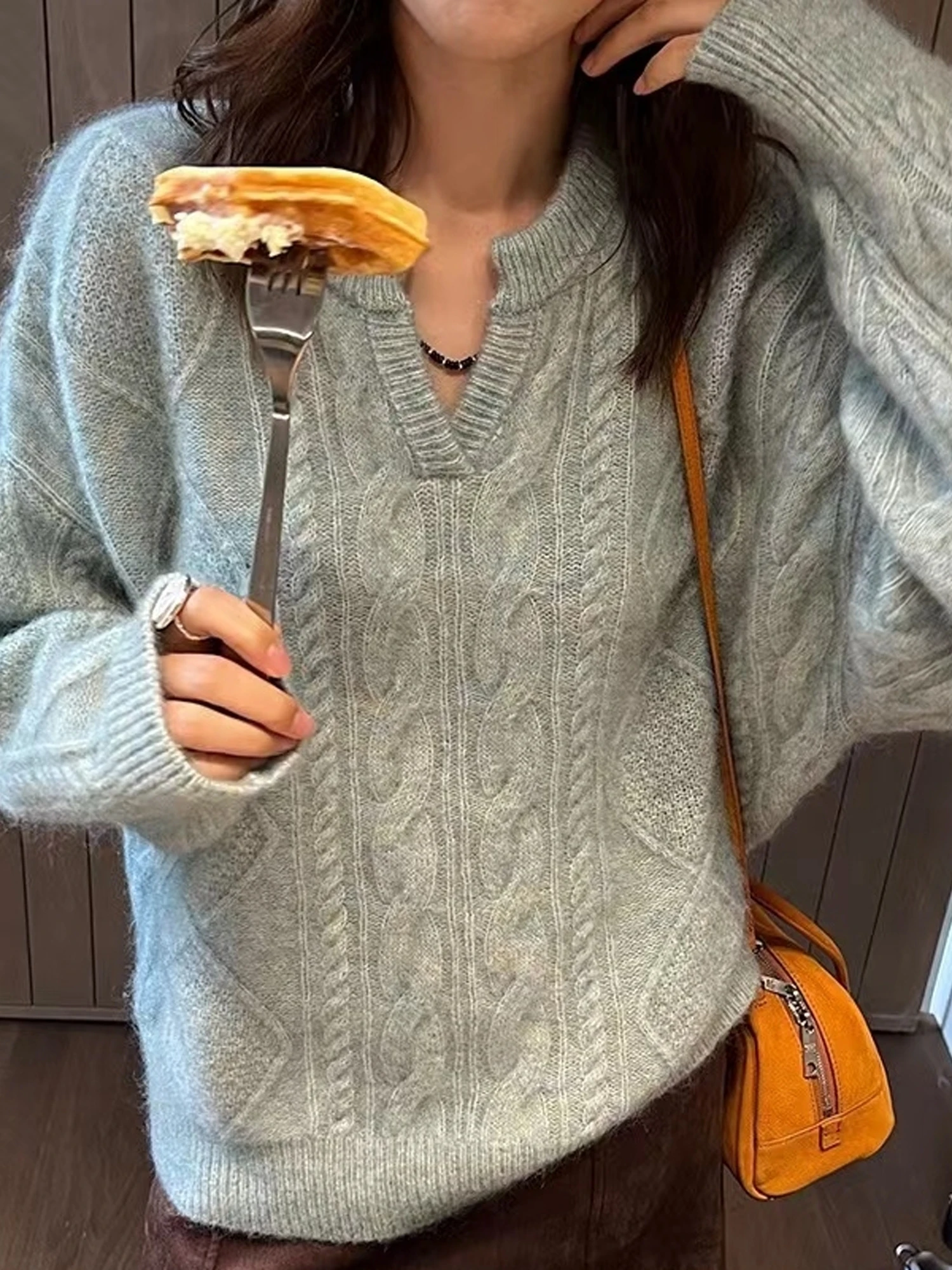 Ladies' Loose V-Necked Orange Knitted Sweater Bear Velvet Comfortable Warm Thickened Autumn Winter Casual Outerwear Top