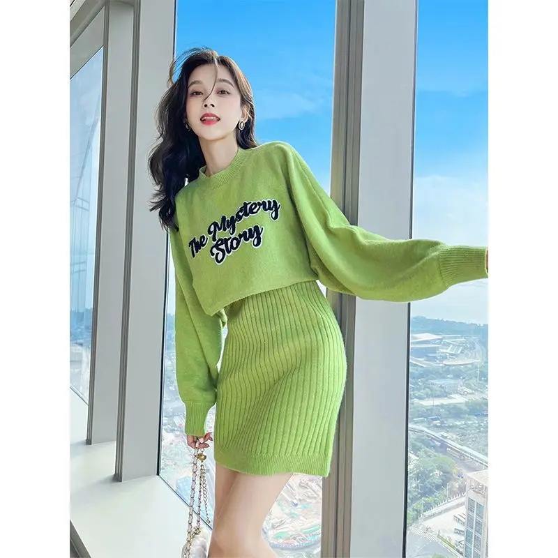 Sweater Matching Sets Spring Autumn Fashion Letter Knit O-Neck Tops Mini Sexy V-Neck Sleeveless Dress 2 Piece Suits 2023 Outfits