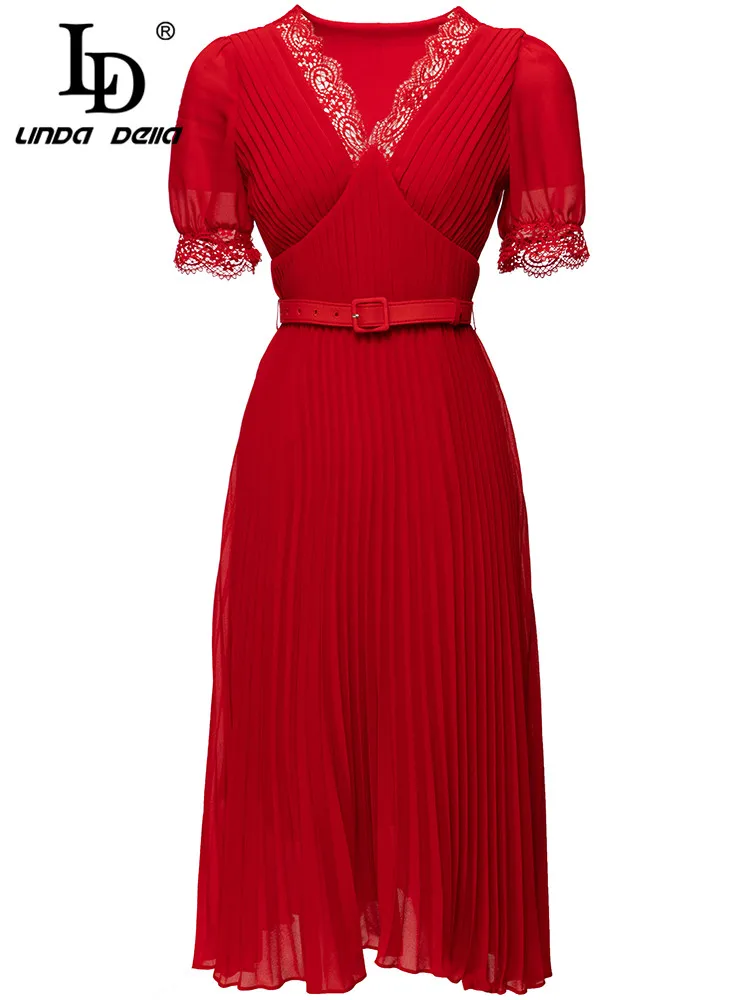 

LD LINDA DELLA Fashion Designer Summer Midi Dress Women's V-neck Short sleeve High waist Belted Lady Red Pleated Dresses