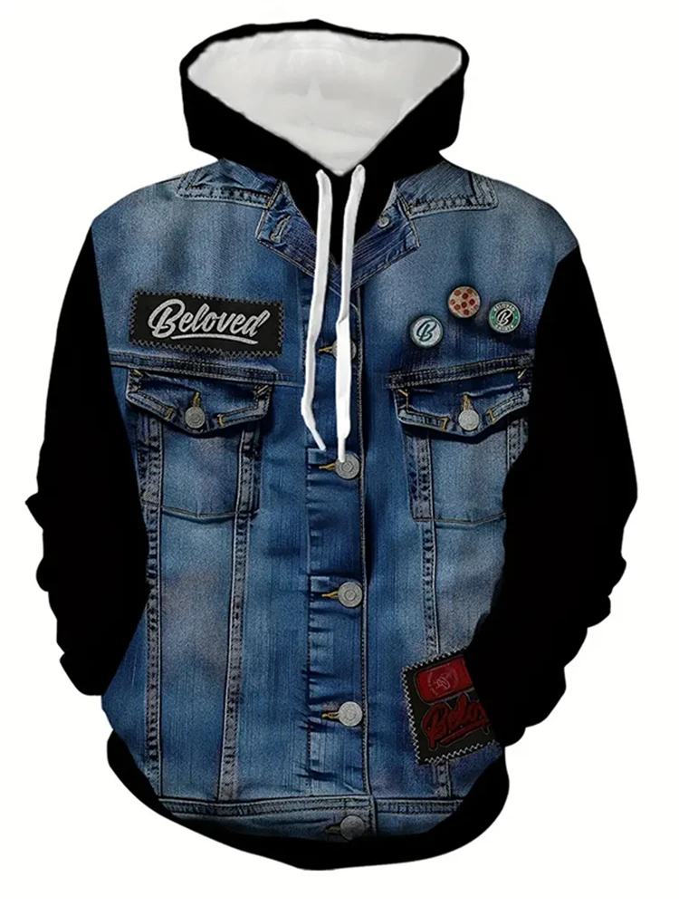 Neuer trendiger 3D-Kapuzenpullover für Erwachsene mit einem neuen Jeansjackenmuster und Kängurutasche für den täglichen Gebrauch. Kapuzenpullover mit weicher Textur