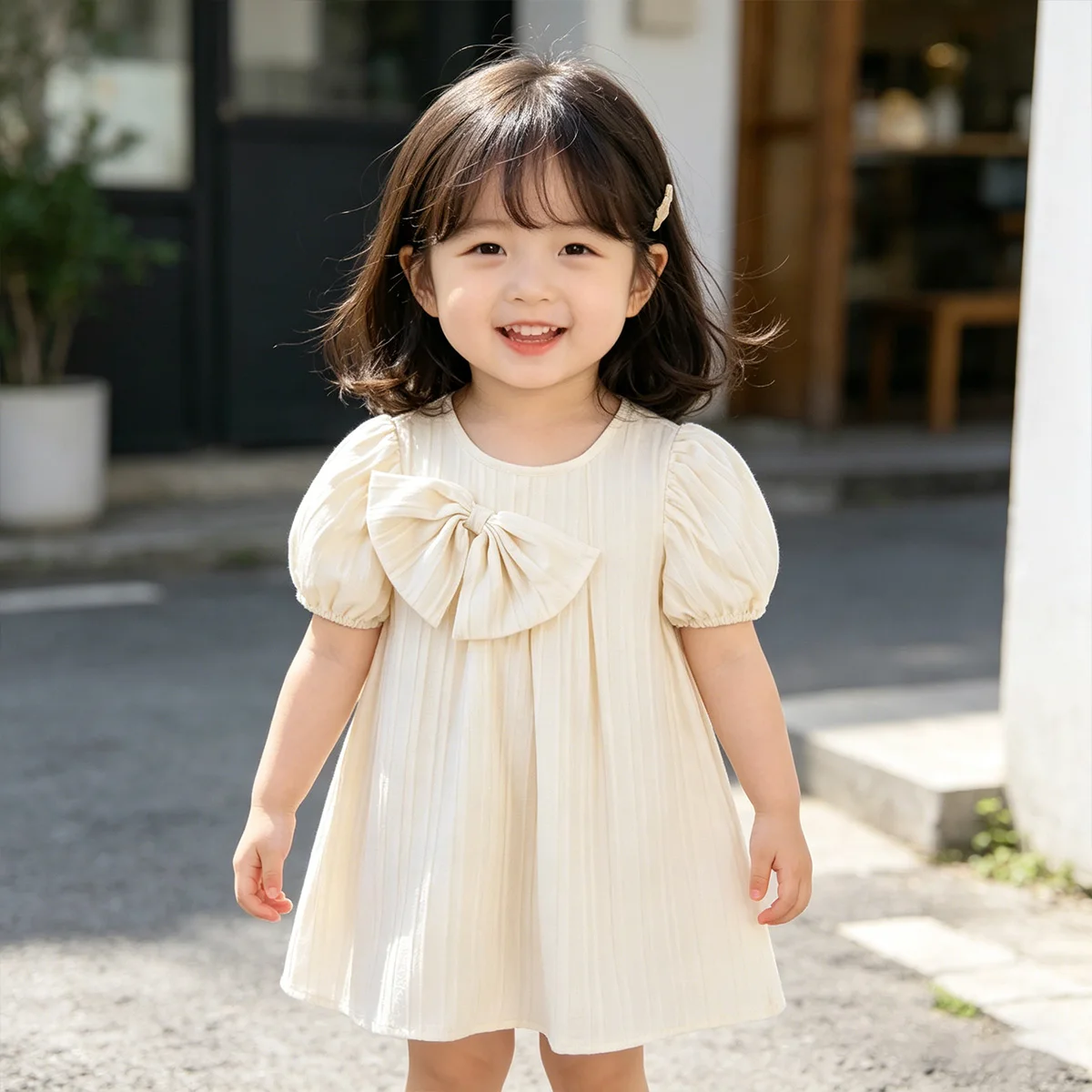 New Girls Babany Bebe 1-6 Years Old Baby Kids Bow Solid Color Puff Sleeve Dress Clothing Newborn Baby Party Dress
