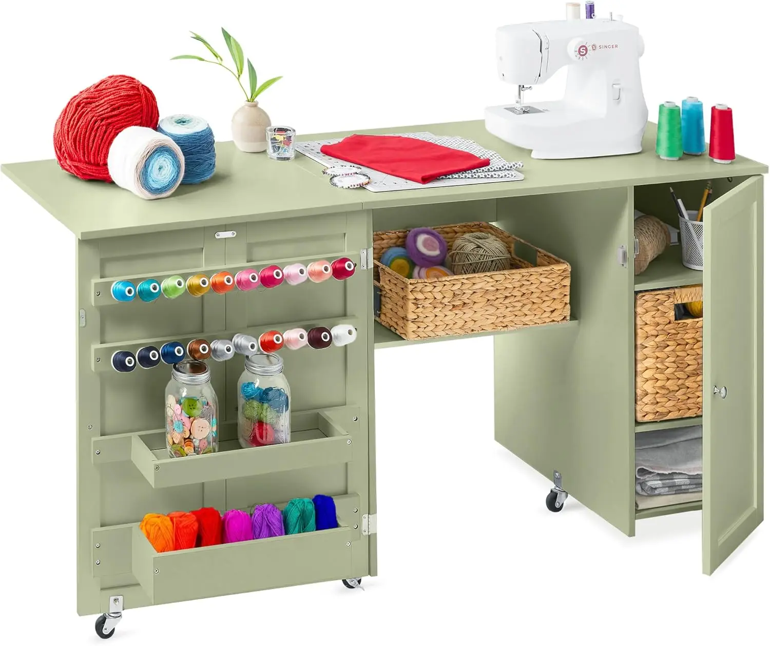 

Large Folding Sewing Table, Multipurpose Portable Craft Station & Side Desk W/Compact Design, Caster Wheels, Storage Shelves, 2