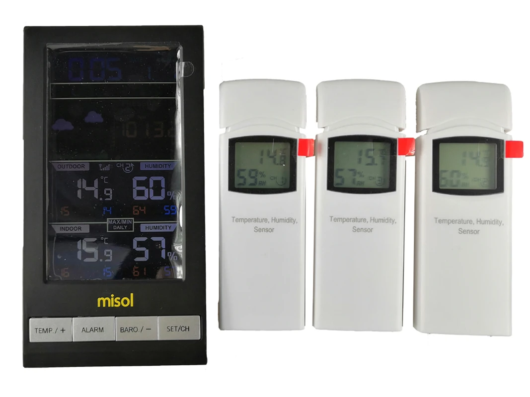 1pcs misol Wireless weather station with 3 sensors, 3 channels, color screen