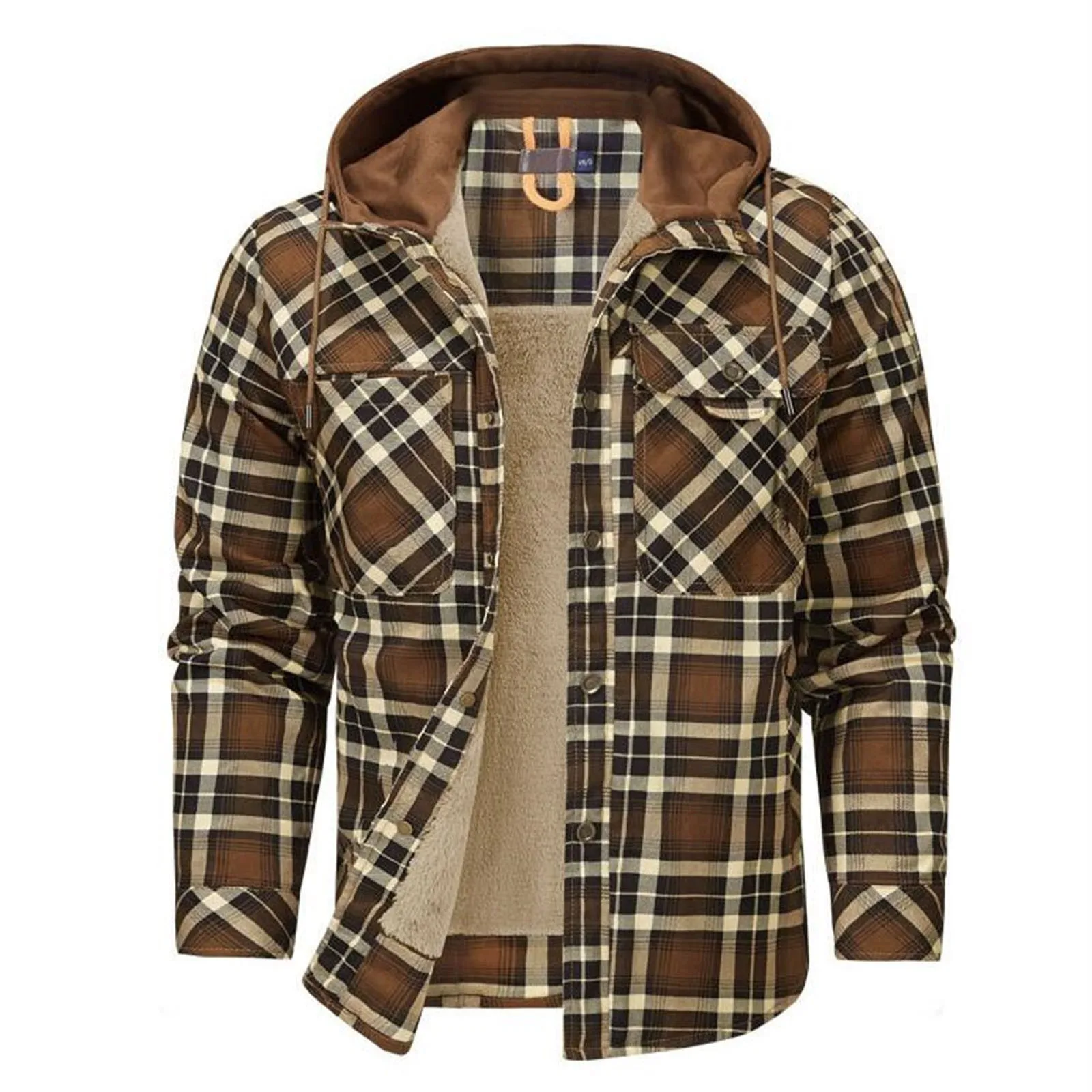 Men Plaid Hooded And Velvet Windproof Warm Button Up Cardigan Jacket Business And Foreign Trade Water Proof Running Jacket Mens