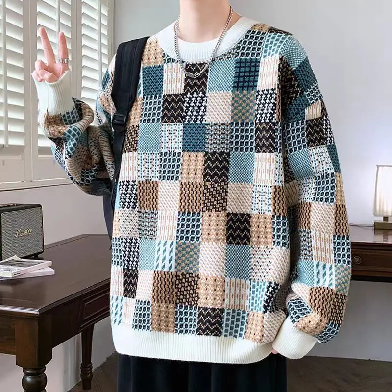 Men's All Match Sweater, Casual, Cool, Warm and Thick, New Round Neck, Loose Base Trendy Checkered Knit Sweater Top