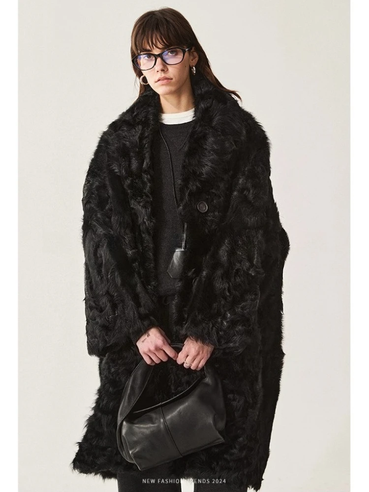 

High-end Luxury Natural Lamb Fur Shearling Jackets for Women 2026 Simple Vintage Black Long Winter Genuine Leather Real Fur Coat