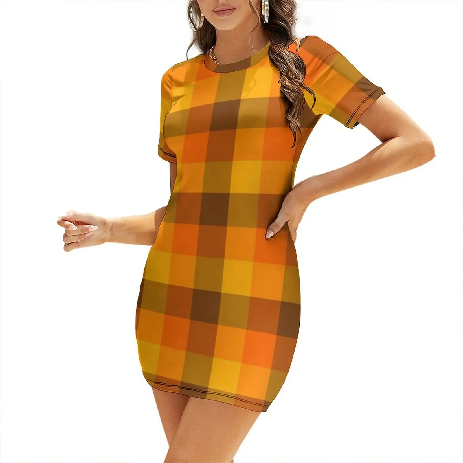 

Plaid Brown Orange and Yellow Short-Sleeved Dress prom dresses long dress women sexy short dresses daring Dress
