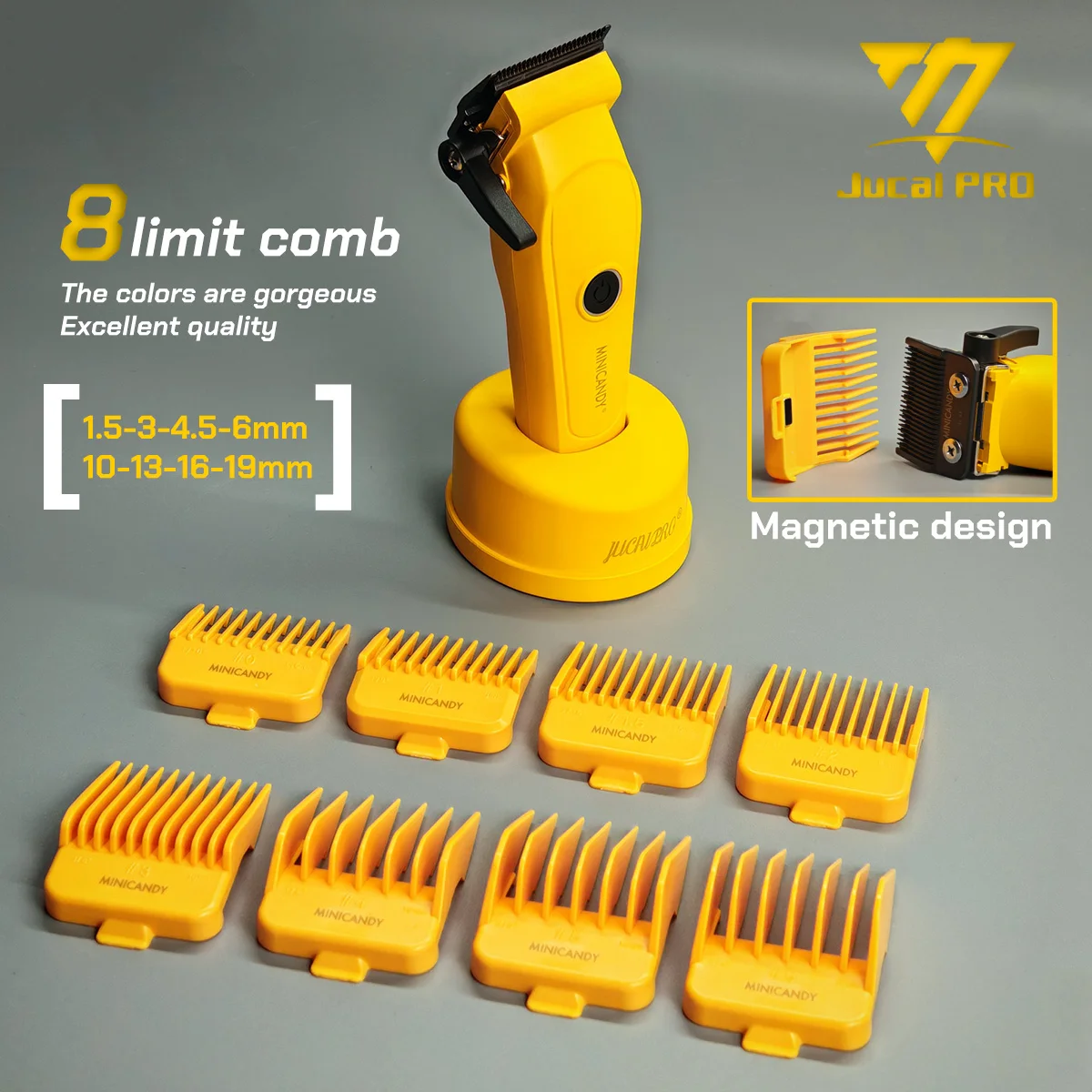 JUCAI JC-06/JC-08 مشابك شعر صفراء احترافية تتلاشى بليد 7200 دورة في الدقيقة محرك بدون فرشاة مع شاحن قاعدة آلة حلاقة 3200mhA