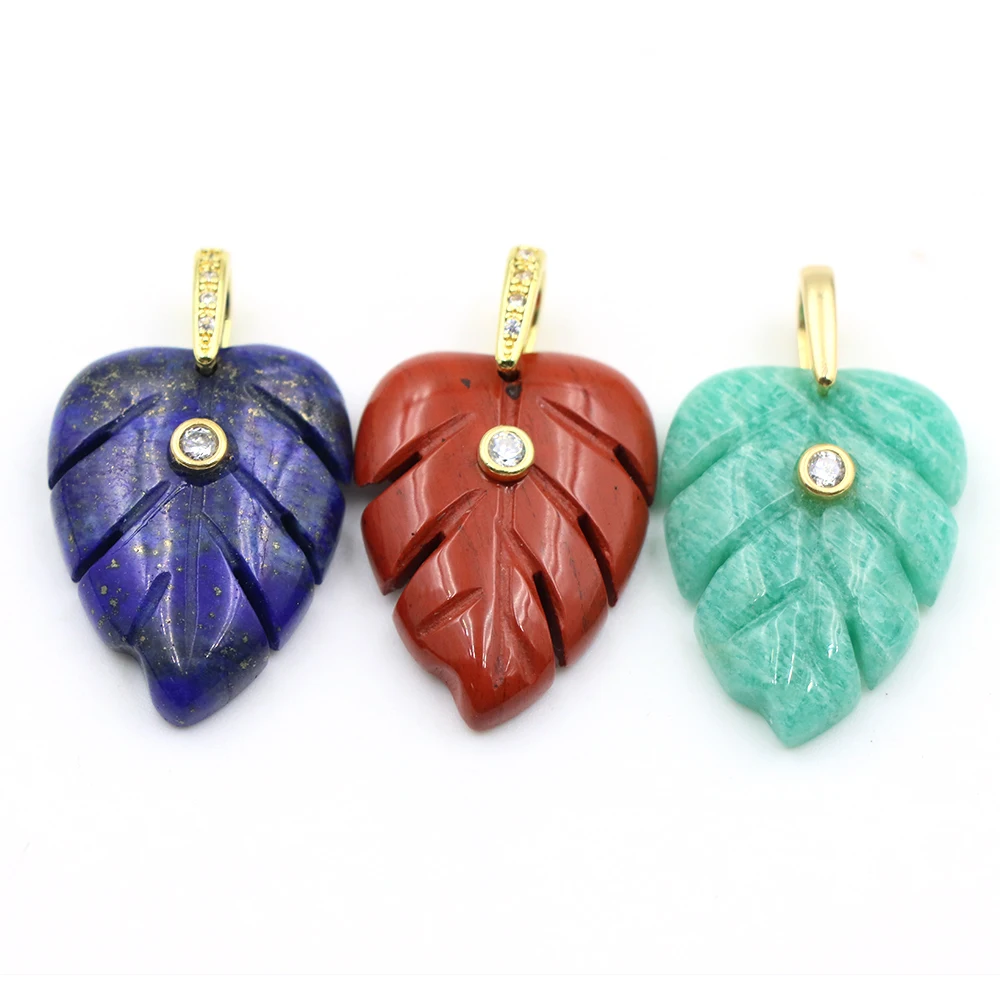 Natural Stone Healing Crystal Leaf Pendant with White Zircon Gold Plated Bail Charm for DIY Necklace Jewelry Accessories Gifts