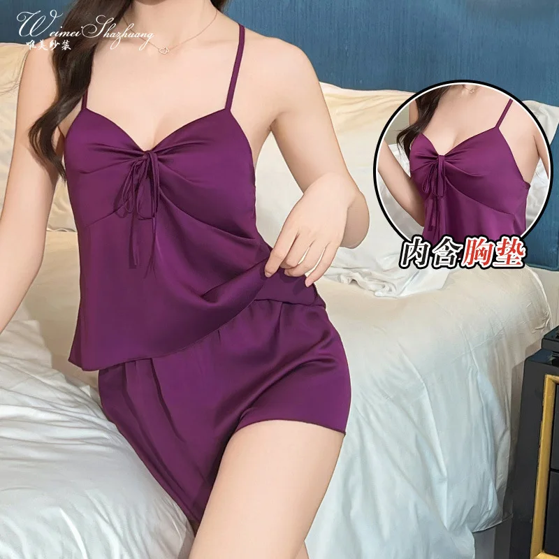 

Sexy Deep V with Chest Pads Homewear Set Summer Pure Desire Ice Silk Camisole Shorts Pajamas Two-Piece Set
