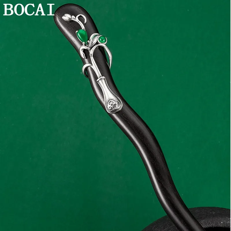 BOCAI S925 Sterling Silver Hair Sticks for Women New Fashion Ethnic Style Daffodil Agate Sandalwood Hairpin Hair-Forks Jewelry