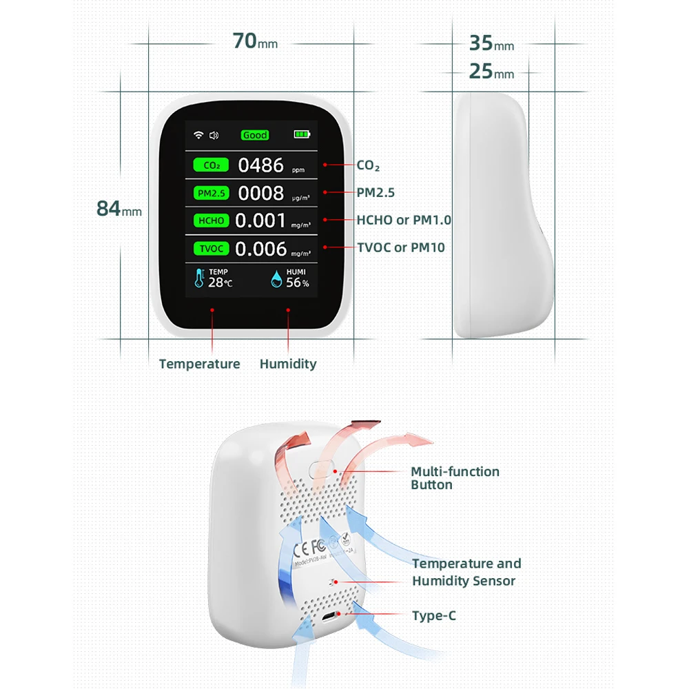 Misuratore di qualità dell'aria Tuya Wifi, Monitor di qualità dell'aria per interni 8 in 1 Monitor portatile di CO2 Tester di temperatura e umidità