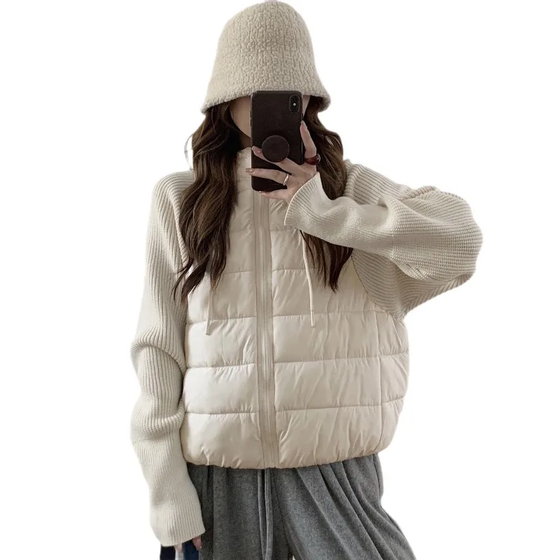 New Hooded Short Padded Jacket Women Contrast Knit Sleeve Fake Two Piece Zip Front Oversize Solid Warm Fall Winter Trendy