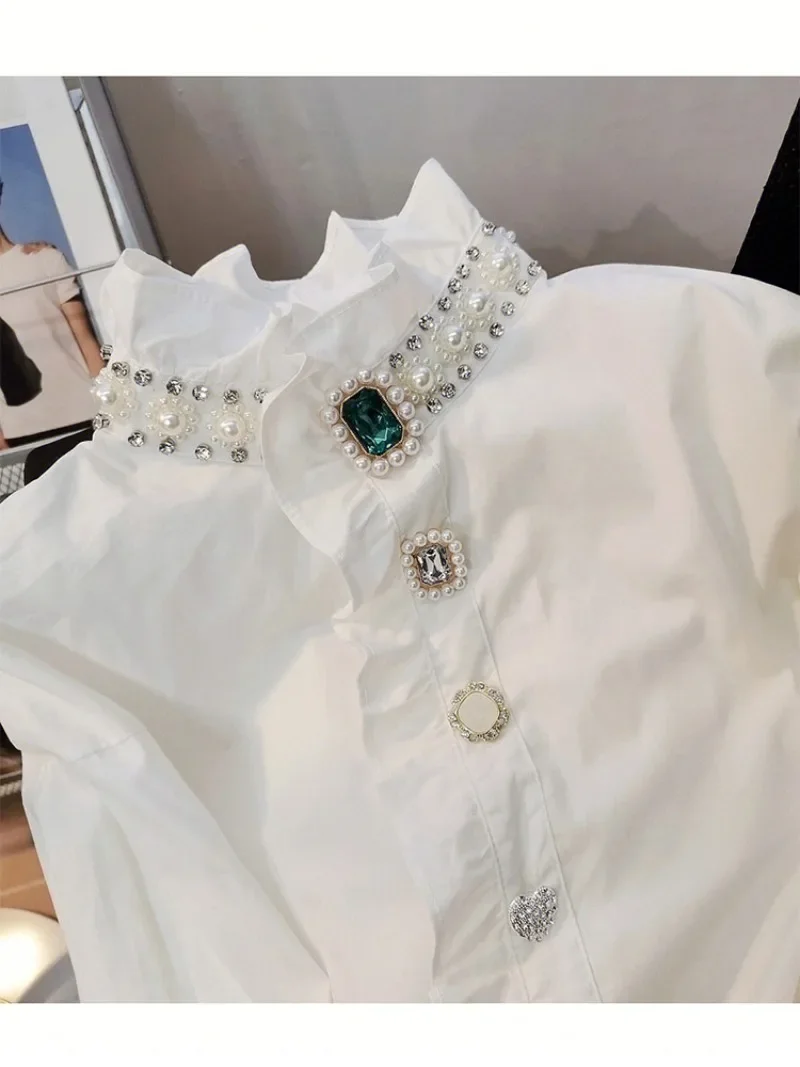 Chiffon Women\'s Shirts Loose Solid Office Lady Blouses Spring/Summer Ladies Clothing Fashion Beading Women Tops
