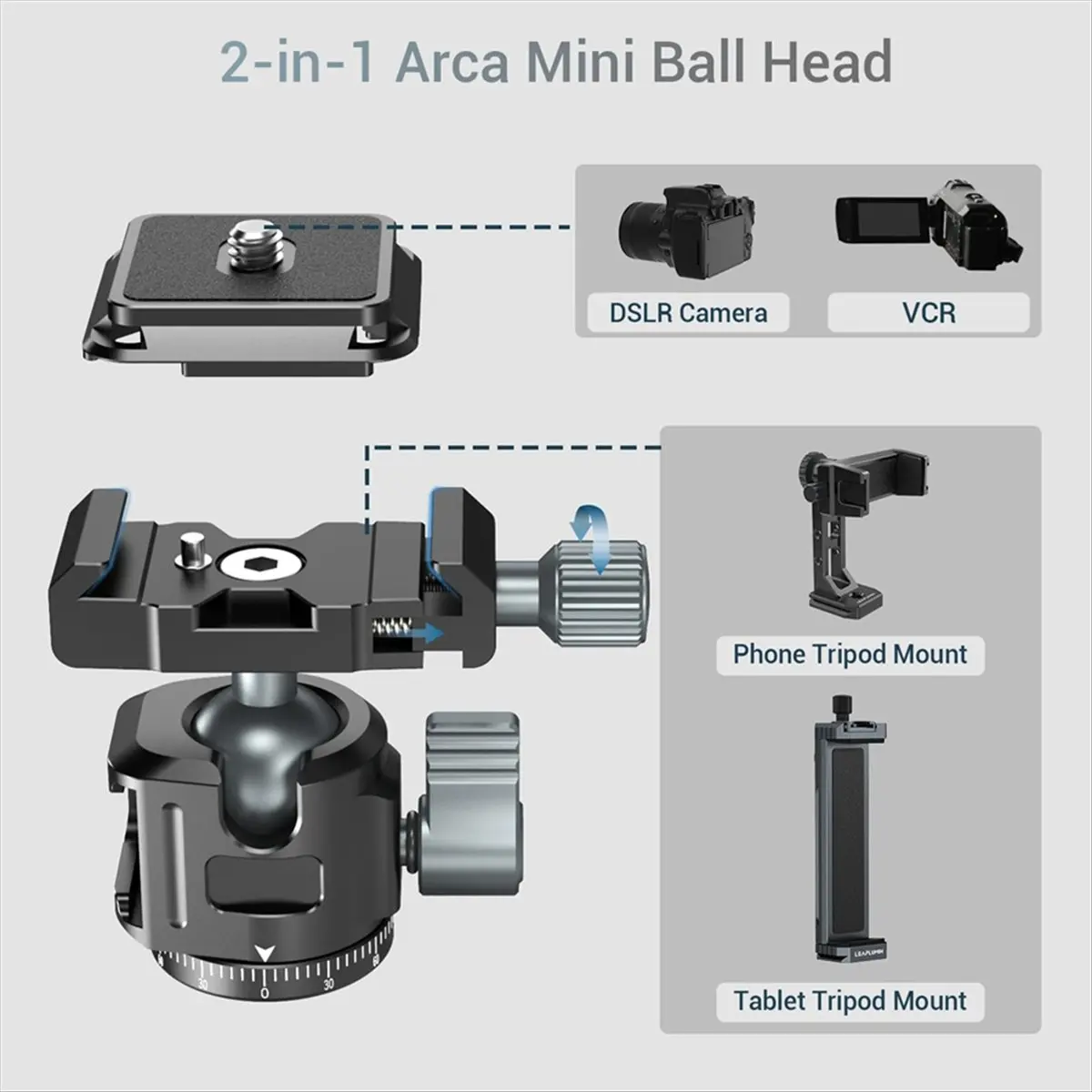 doyme Universal Tripod Ball Pan-Tilt Quick Release 360° Ball Pan-Tilt W Arca +Cold Shoe Mount for DSLR Camera Tripod Monitor