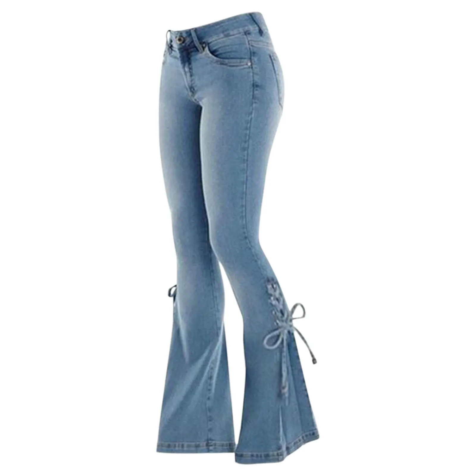 Denim Jeans Women High Waist Flared Trousers Stretch Denim Pants Lady Lace Up Solid Color Bell Bottom Cowgirl Vintage Y2k Jeans