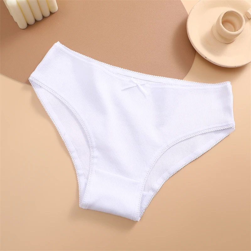 FINETOO 3PCS Women Cotton Underwear Sexy Lace wavy Waist Briefs Female Solid Color Breathable Lingerie Stretch Intimates Panties