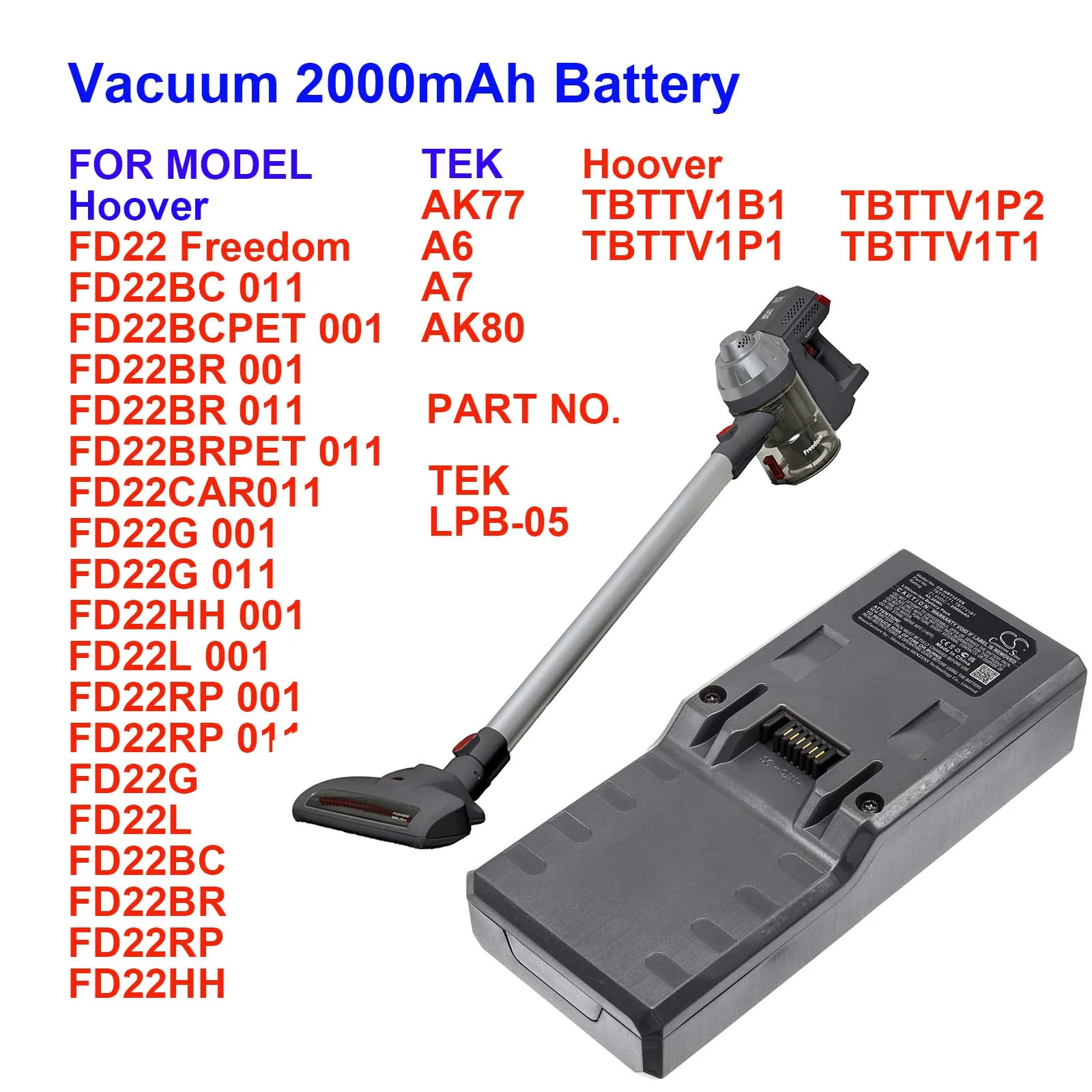 

Cameron Sino 2000mAh Battery For Hoover TBTTV1B1 TBTTV1P1 TBTTV1P2 TBTTV1T1 FD22 Freedom FD22BC 011 FD22BCPET 001 FD22BR 001