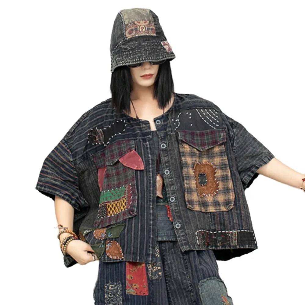 Hand Embroidered Old Fabric Patchwork Cardigan Short Sleeved Jacket Women 2024 Early Autumn LX1848