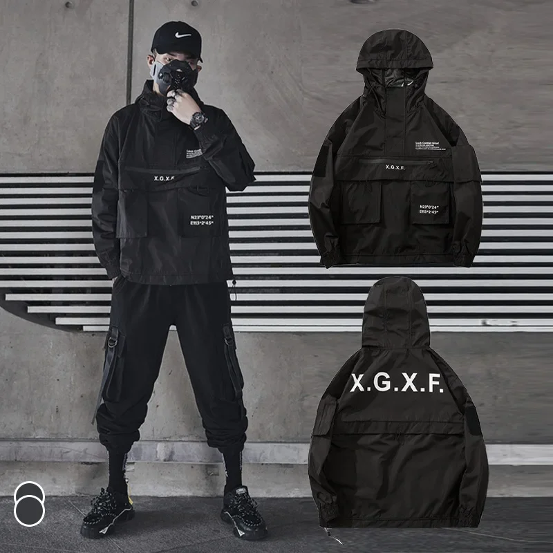 الرجال ملابس داكنة ربيع الخريف جديد المد شخصية التكتيكية سترة سفاري نمط شيك معطف مقنعين Techwear