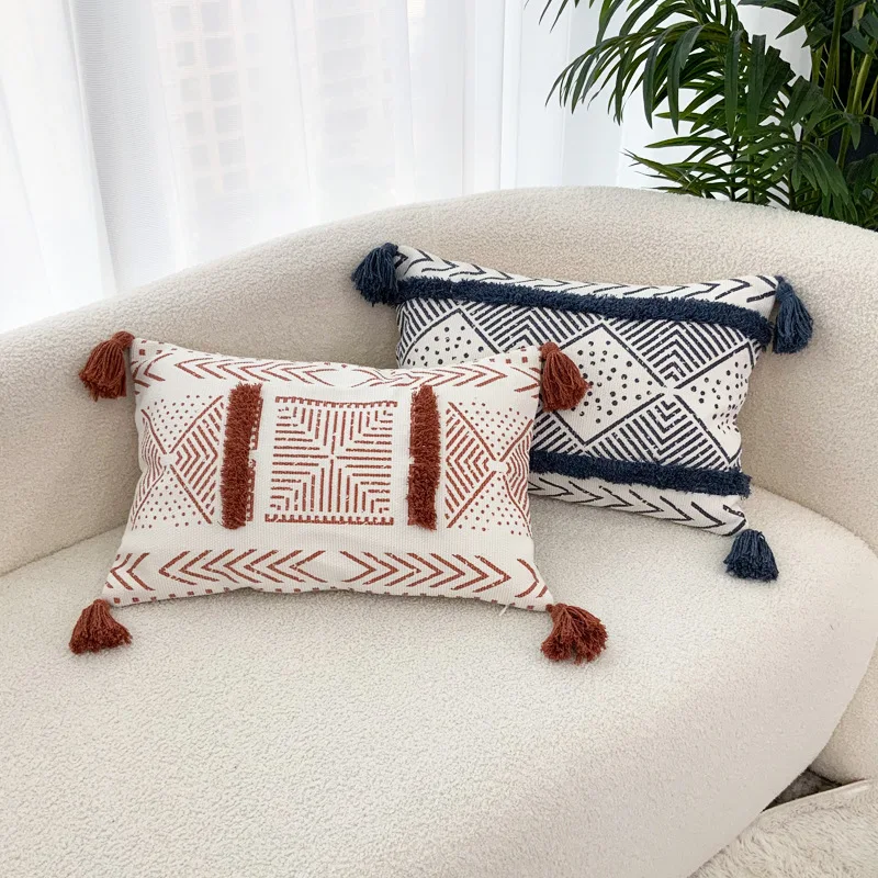 Pink Blue Tassels Splice Cushion Cover Geometric Printed Striped Tufted Pillow Cover Decorative Pillows for Sofa Decoration Home