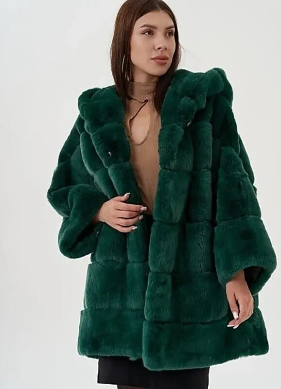 

Green Rex Rabbit Fur Coat Women Genuine Natural Fur Hooded Outertwear Warm Spring Winter Long Sleeve Real Fur Jacket