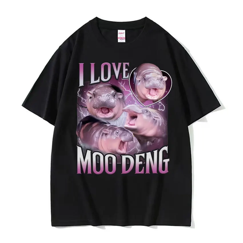 I Love Moo Deng Funny Cute Animal Baby Hippo Graphic T-shirt Men Women Fashion Casual Cotton T Shirt Oversized Short Sleeve Tees