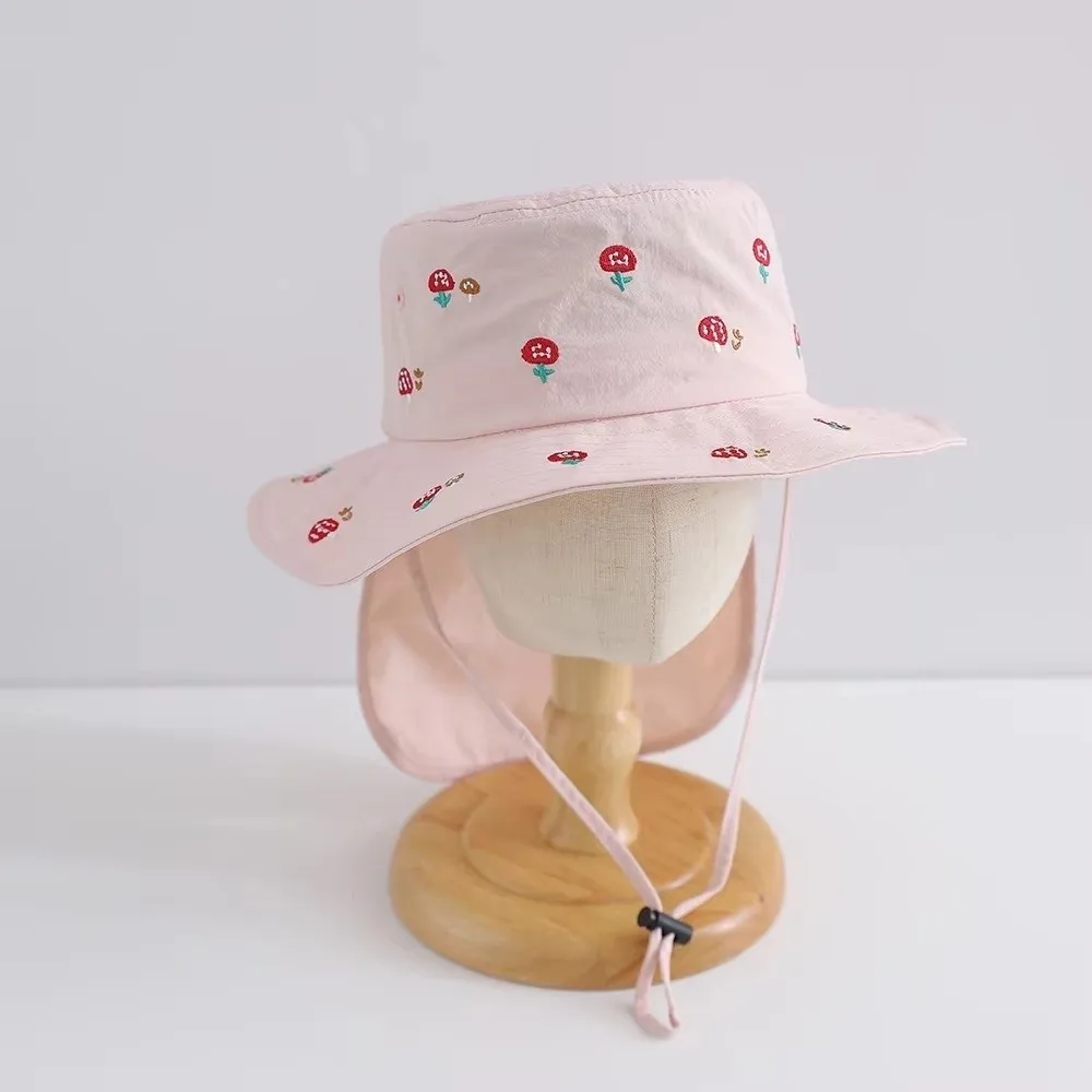 Polyester Children Sun Hat Cartoon Print Broad Brim Quick Drying Bucket Hat Embroidery Design Thin Fisherman Hat Daily Wear