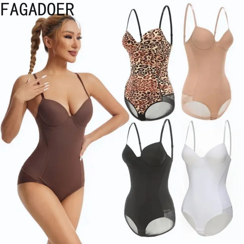 FAGADOER Sexy Bodycon Rompers Women Spaghetti Strap Leopard Print One Piece Tank Tops Bra Bodysuit Jumpsuits Female Clothing