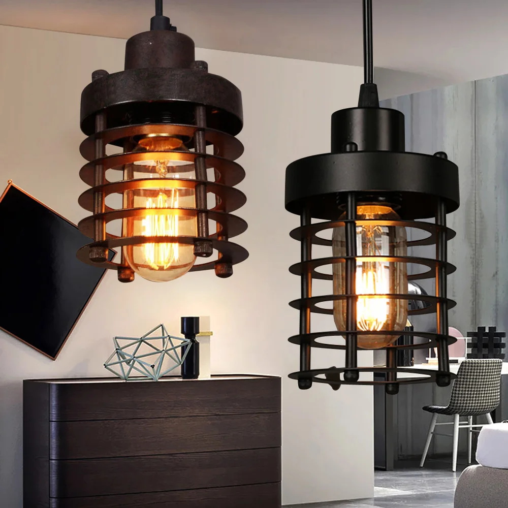

Rustic Vintage Industrial Iron Cage Lampshade Pendant Light Hanging Ceiling Lamp Adjustable Chain for Bedroom, Dining Room