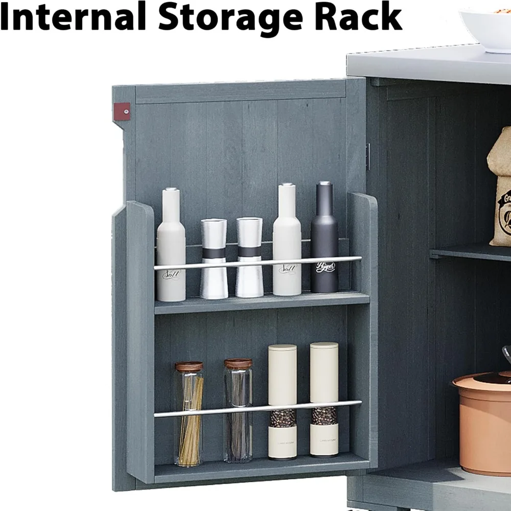 Buitenkeukeneiland voor grote groene eiergrills, 66,5 inch massief houten buitengrilltafel met roestvrijstalen blad, rollende keuken