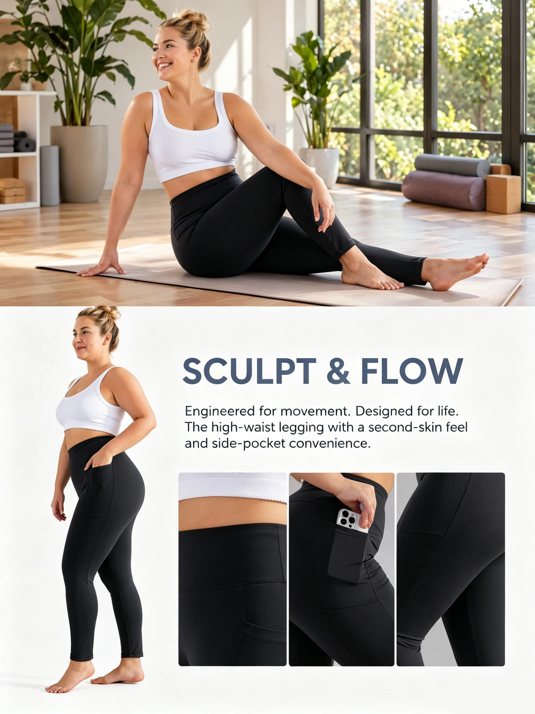 Plus-Size-Leggings für Damen mit Taschen, Bauchkontrolle, Plus-Size-Yogahosen, Hochtaillierte Sportbekleidung – Detail 4