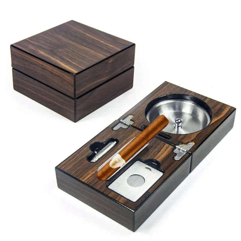 Folding Cigar Ashtray Set with Wood Grain Piano Paint Stainless Steel Inner Liner Ashtray