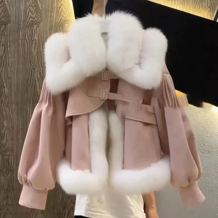 Sweet Gentle Stitching Fur One Eco-Friendly Fur Jacket Women Short Overcoat  Autumn Winter 2023 New Elegant Loose Fur Jacket Top