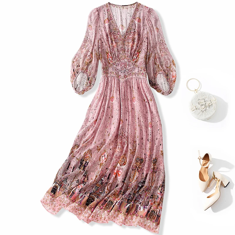 

100% Real Silk 2026 Summer Elegant Fashion V-neck Diamonds Long Dresses for Women Holiday Women's Vintage Print Dress