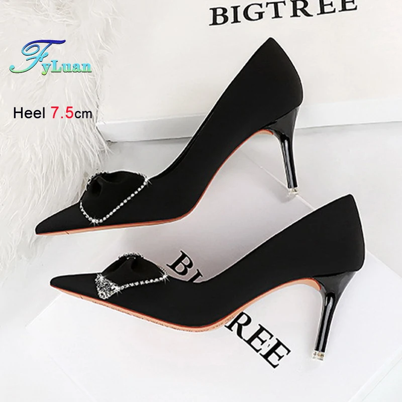

Simple High Heels Women's Pumps Rhinestone Bow Decoration Ladies Satin Super High Heels Sexy Versatile Shallow Mouth Single Shoe