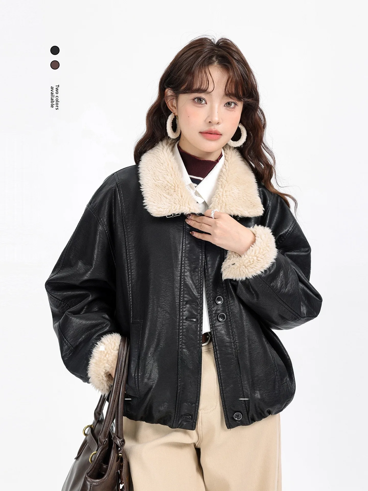

Thiened Warm Plu Collar PU Leather Jaet ort Outerwear Winter New Sle Sweet Cool Inteated Fur Retro Women's Coat
