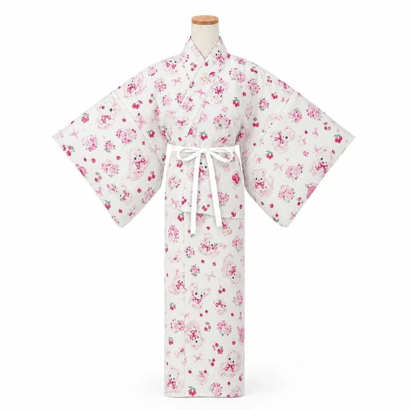 Women Two Piece Japanese Yukata Set Cute Bear Rabbit Print Kimono Style Outfit Separated Yukata For Summer Festival Photo Shoot