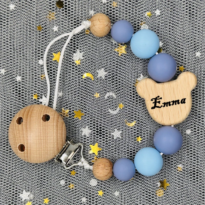 Custom Name Wood Personalized Baby Pacifier Chain Clip Silicone Bead Dummy Nipple Holder With Name Teether Pendant Newborn Gift