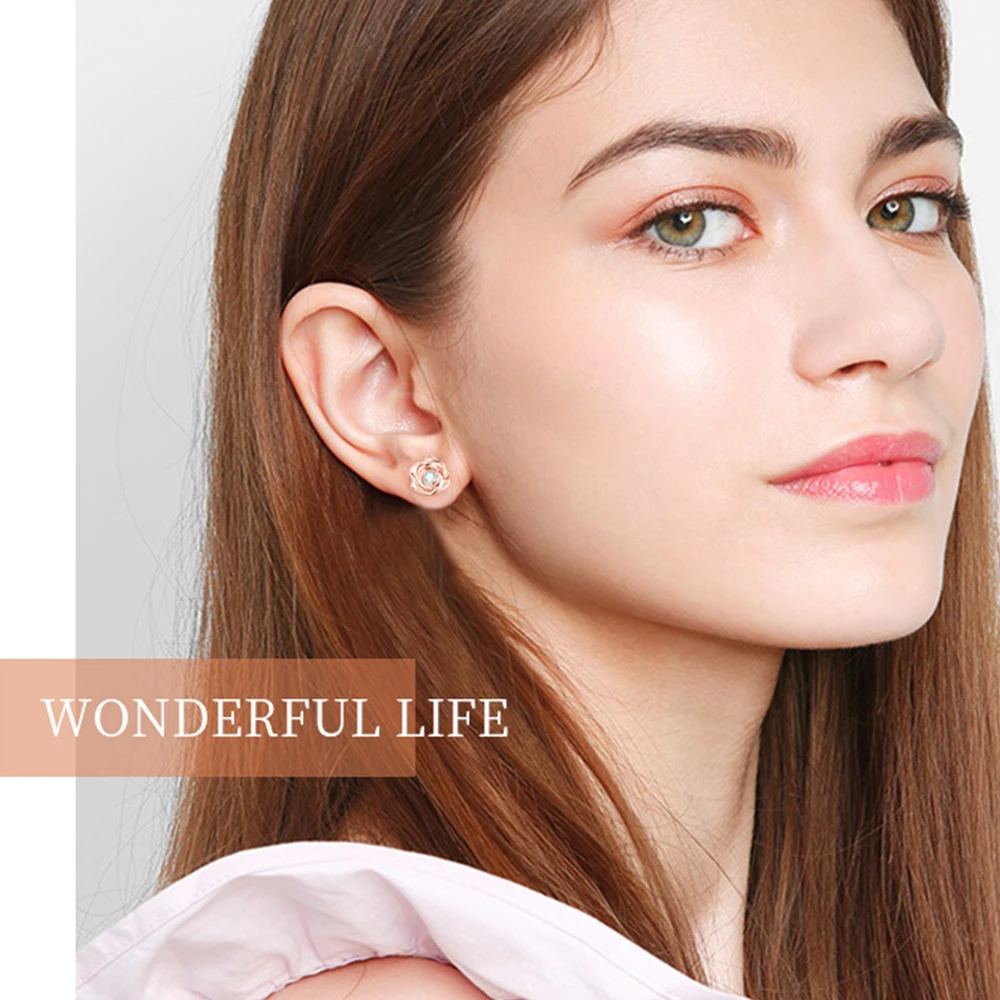 Sweetrain Rose Gold Moissanite Earrings for Women 925 Sterling Sliver 3mm Rose Flower Diamond Stud Earring Fine Jewelry Gift