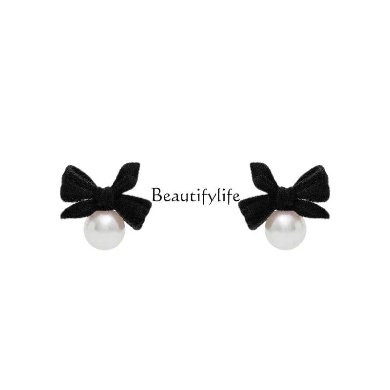 Black Bow Stud Earrings for Women, Sterling Silver, High-Grade Pearl Design