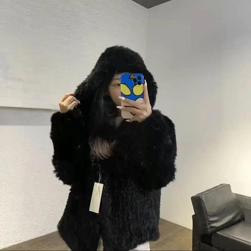 2026 New Korean Style Women Hooded Faux Fur Coat Double Knit Plush Short Loose Warm Rabbit Fur Jacket Streetwear WinterOuterwear