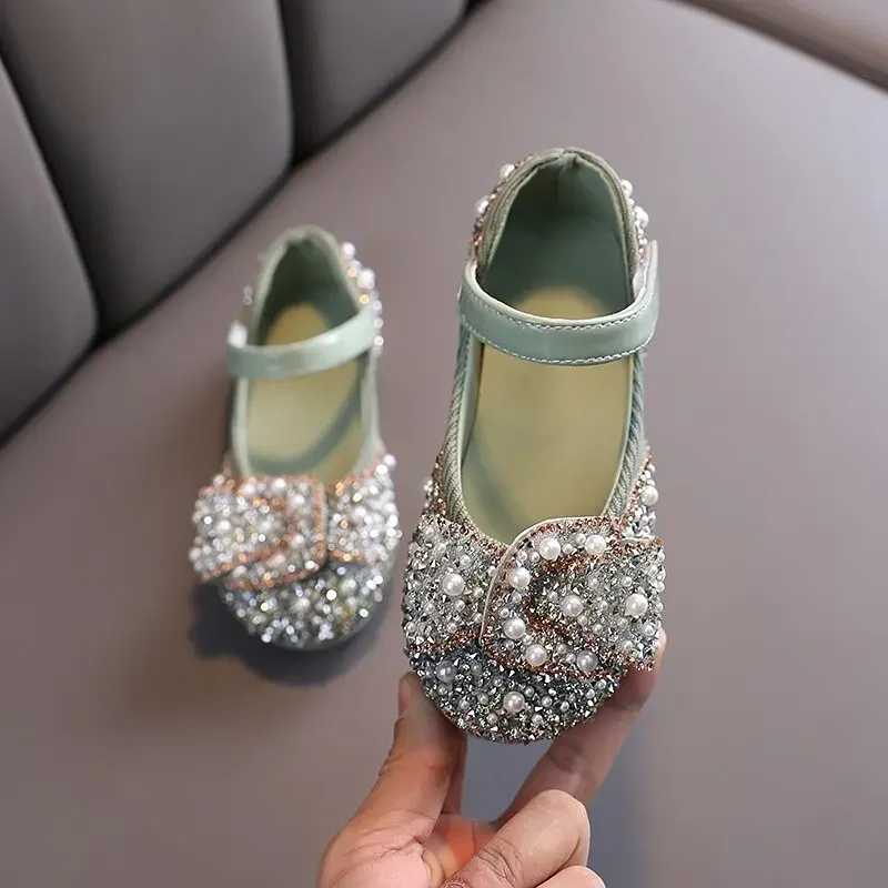 Princess Shoes for Girls Green Pink Party Wedding Luxurious Glitter 21-36 Kids Single Shoe Summer Spring Fashion Girl's Flats