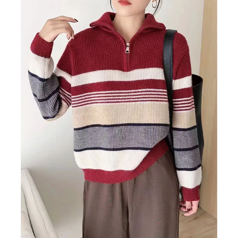 

Women Commute Chic Wool Knitwear Tops Autumn Winter Fashion Striped Zipper Sweaters Vintage Loose Warm Thick Pullovers