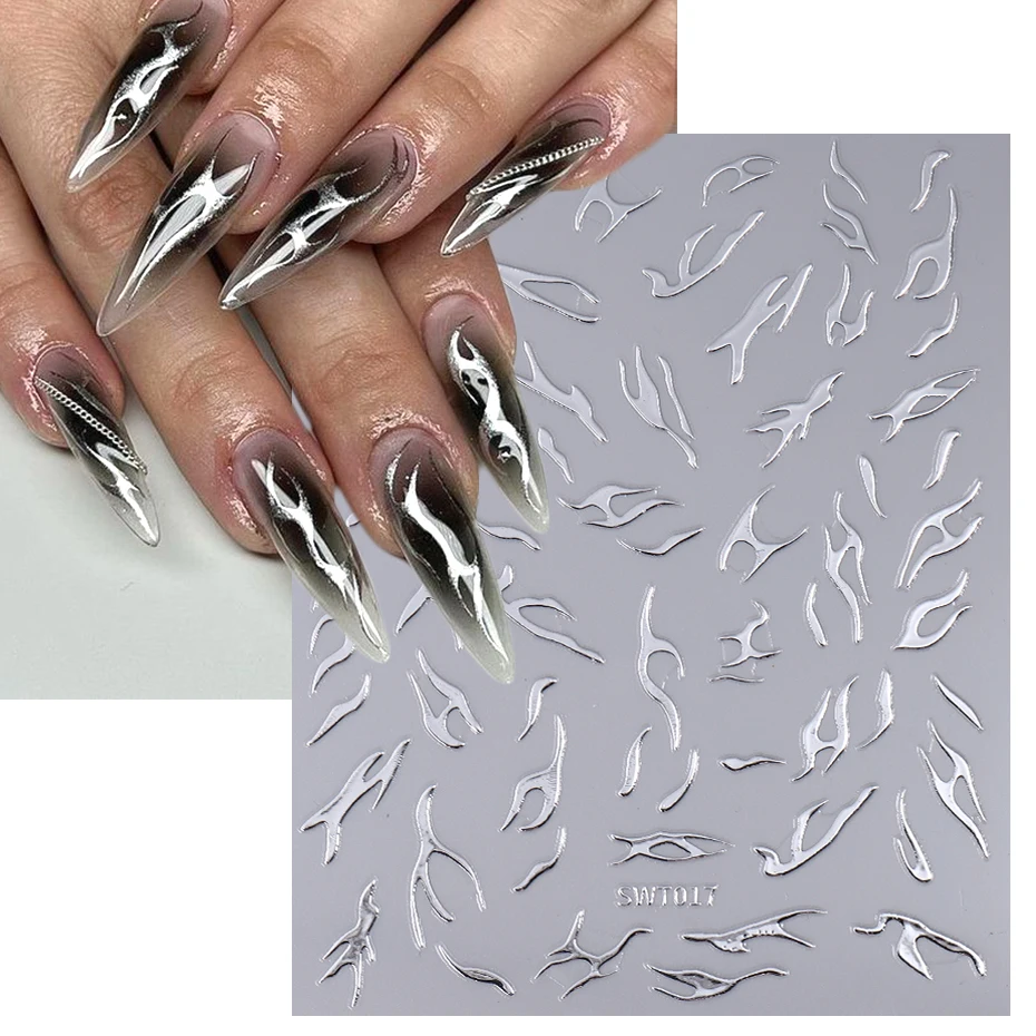 Metallic Silver Flame Nail Stickers Striped Wavy Line Tribal Fire Tatton Slider Holographic 3D Manicure Tips Decoration JISW-T