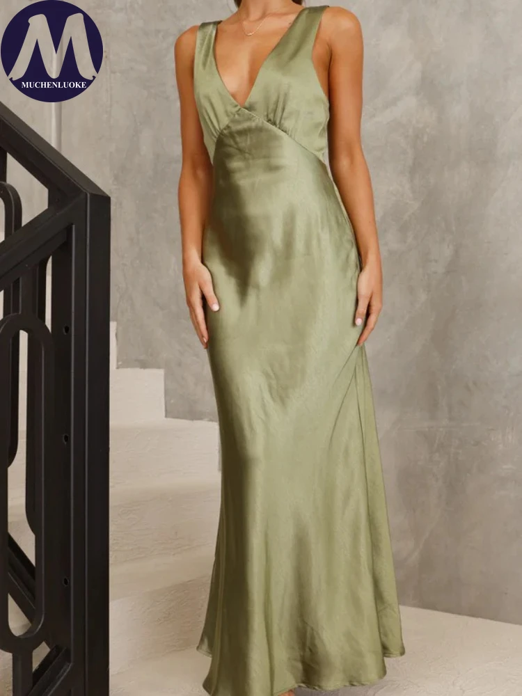 

Elegant Womens Dresses 2025 Summer New Sexy Sleeveless V Neck Strap Dress Fashionable Slim Fit Backless Party Evening Dresses