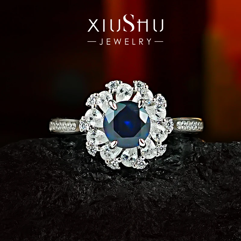 Classic 925 Silver Ring Women's Sunflower Pigeon Blood Red Royal Blue Surround Set with Full Diamond Round Daily Luxury